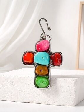 NWOT Necklace PENDANT- Silver Tone Cross with Colorful Rocks Stones - Turquoise